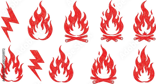 Set of fire icons. Flame design of different shapes. Bonfire images flames elements on transparent background