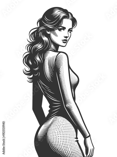 stylish woman in a fitted dress, with flowing hair and confident modern fashion pose sketch engraving generative ai fictional character vector illustration. Scratch board. Black and white image.