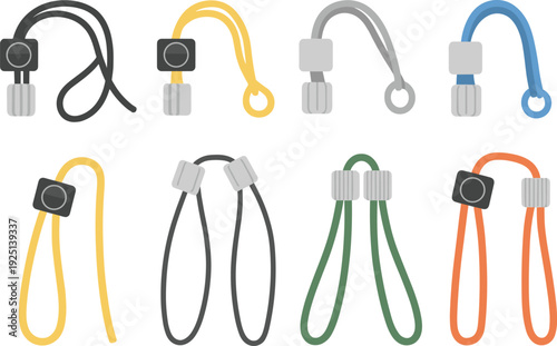 Colorful adjustable cord lock loops set, drawstring stopper fasteners collection, flat vector illustration for garment, bag, apparel, and textile design