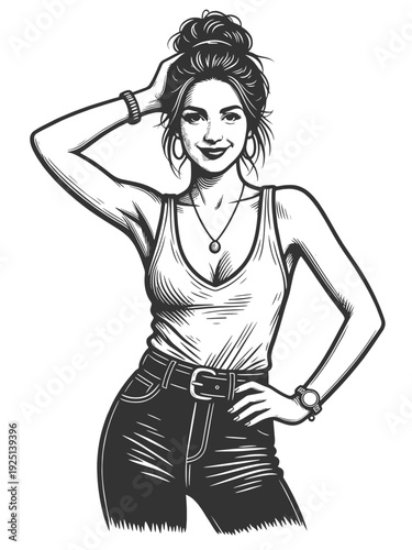 cheerful young woman in casual tank top shorts, posing confidently in stylish contemporary look sketch engraving generative ai fictional character vector illustration. Scratch board. Black and white.