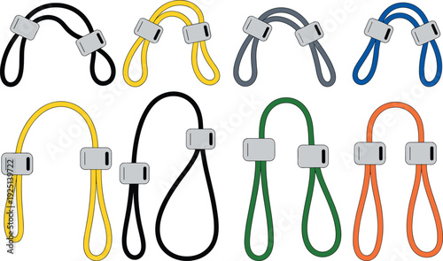 Colorful cord lock loop set, adjustable rope fasteners collection, flat vector drawstring stopper clips for garment and bag design