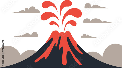 Stylized illustration of an erupting volcano with red lava and smoke clouds, representing natural disaster and power.