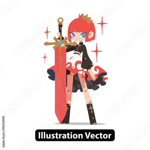 Female warrior standing confidently with sword in hand, illustration vector art