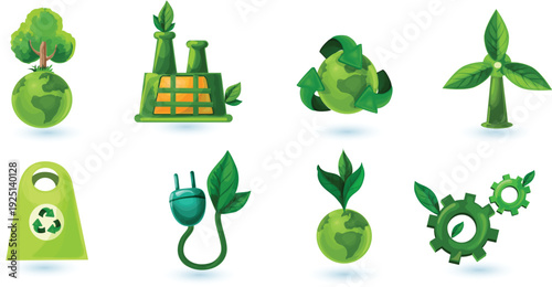 Elegant set of 3D glossy green icons representing eco-friendly concepts including sustainable factories, global recycling, wind energy, and organic industrial growth.
