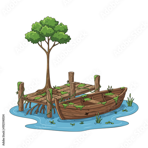 Mossy Wooden Pier with Rowboat in a Tranquil Swamp