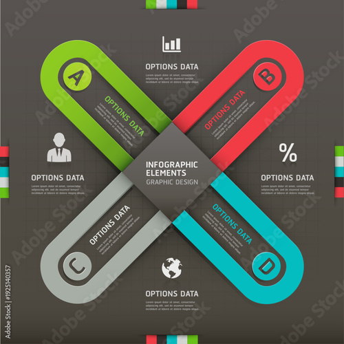 Corporate X-Cross Infographic Template. Vector Illustration of a 4-Step Process Diagram with Overlapping Diagonal Banners and Professional Business Icons