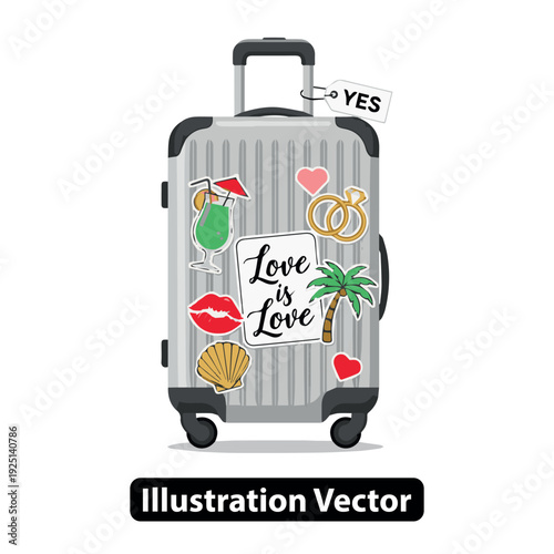 Vibrant Suitcase with Love-themed Stickers and Symbols, Ready for Adventure, Close-up View, Illustration