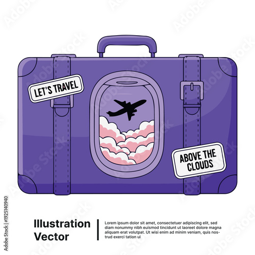 A vibrant purple suitcase with travel stickers and an airplane flying above the clouds, vector illustration for travel enthusiasts worldwide always