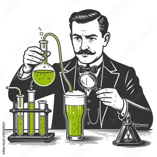 refined gentleman analyzing hazy green IPA with laboratory equipment, craft beer obsession and tasting precision sketch engraving generative ai vector illustration. Scratch board. Black and white.