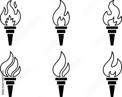  minimalist black and white silhouette icons of torches with flames, perfect for representing achievement and legacy.