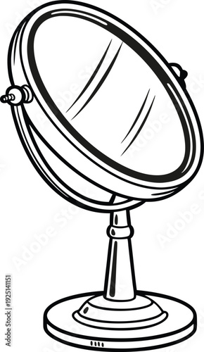 Black and white line art drawing of a vintage oval vanity mirror with a round base, isolated on white background
