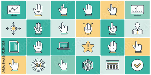 Collection of hand gestures and interface icons in a colorful grid layout
