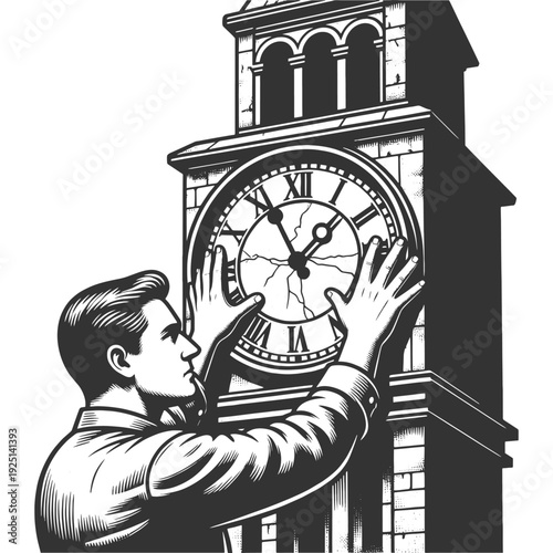 man fixing a cracked clock tower, symbolizing time pressure, deadlines, and urgency sketch engraving generative ai fictional character vector illustration. Scratch board imitation. Black and white.