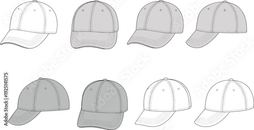 Baseball cap template set, multiple angle views, flat vector hat mockup for fashion branding and apparel design presentation