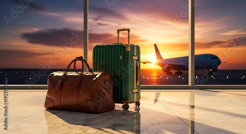 High-end green suitcase and leather bag in a modern airport lounge with a view of a plane and sunset on the runway