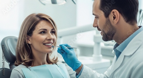 Wallpaper Mural Smiling Female Patient Receiving Professional Dental Examination in Bright Modern Clinic with Confident Expression Torontodigital.ca