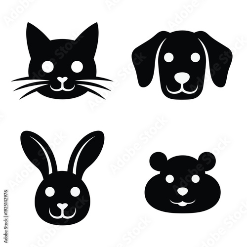 Animal face silhouette icons, cat dog rabbit bear, Halloween party poster elements, classroom art session cutouts, minimal vector design