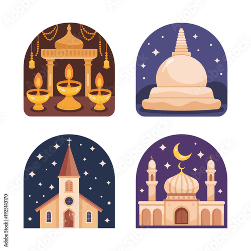 Sacred architecture night scenes in rounded frames, lantern lit shrines, festival vector set for prayer event poster, heritage celebration