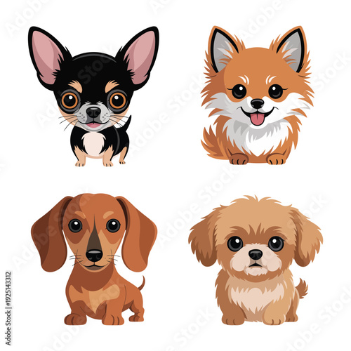 Tiny dog faces vector collection, chihuahua, pomeranian, yorkie style puppies, adorable pet portrait icons for sticker, grooming, birthday design