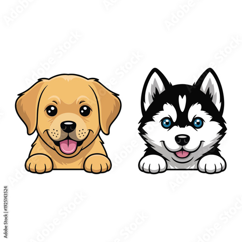 Cute puppy pair, golden retriever and husky faces, adorable vector for kids birthday invitation, puppy party session, pet daycare branding