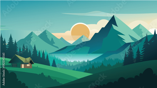 A serene mountain landscape with a cozy cabin at sunset