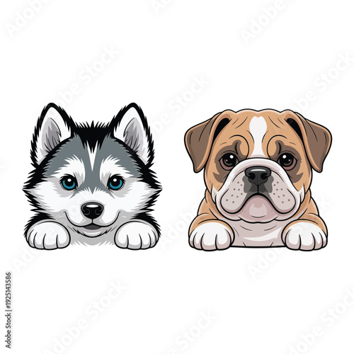 Husky and bulldog puppies peeking over edge, cute paws up vector for pet shop signage, photoshoot session, childrens party decor