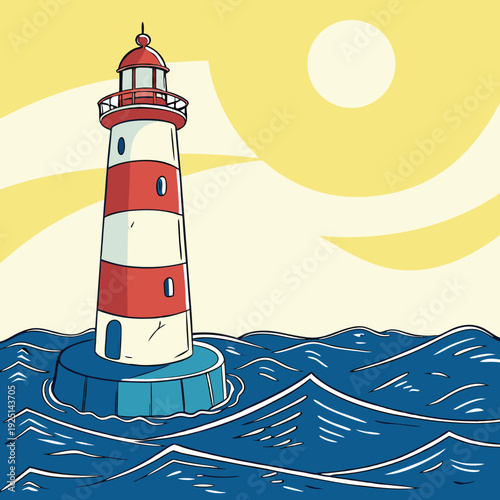 Red and white striped lighthouse with a red roof and railing standing on a blue base in dark blue wavy ocean water under a bright yellow sun and sky