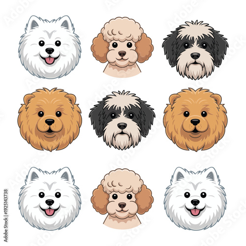 Cute toy dog face grid collection, shelter adoption day banner, volunteer signup session graphics, community pet festival marketing assets