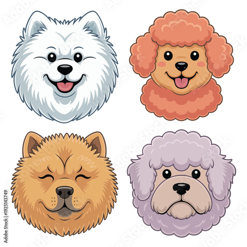 Samoyed, chow chow, and lapdog faces pack, veterinary wellness fair brochure, vaccination clinic session graphics, pet health awareness campaign