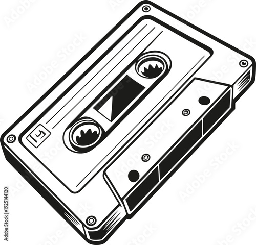 Monochrome black and white vintage audio cassette tape with two reels and label area, isolated on white background