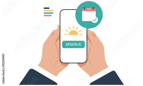Person holding smartphone with reservation screen displaying sunrise and calendar icon for online booking and scheduling.