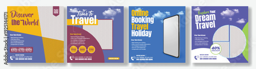 Social Media Post Ads Set for Travel Agencies with Banner Template Bundle, Square Flyer Poster Collection, Study Abroad, Hotel Resort Booking, Summer Tour Package, Holiday Vacation Promotion.