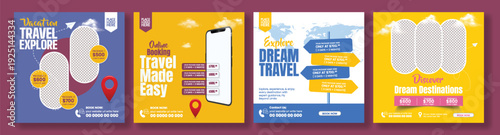 Set of Travel Agency Social Media Posts Pack for Tourism Promotion, Holiday Vacation, Hotel Resort Booking, Study Abroad, Tour Package, Summer Promo, Advertising Banner Template Collection.