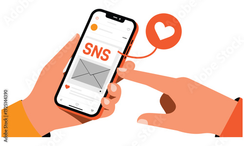 Hands holding a smartphone with social media app open displaying sns and likes on a social networking site indicating online interaction and digital communication.