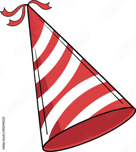 Single red and white striped conical party hat with a small red ribbon bow at the top, isolated on white background