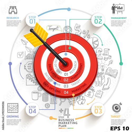 Business Marketing Plan Infographic Template. Vector Illustration of a Central Target with Arrow and 4-Step Process Diagram Surrounded by Strategy Doodles