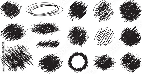 Charcoal pencil curly lines, squiggles and shapes. Grunge pen scribbles collection. Hand drawn vector pencil lines and doodles. Bright color charcoal or chalk drawing.