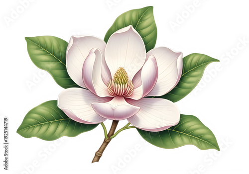 A beautiful magnolia flower with white petals and green leaves on a white background. isolated on transparent background, png