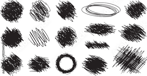 Charcoal pencil curly lines, squiggles and shapes. Grunge pen scribbles collection. Hand drawn vector pencil lines and doodles. Bright color charcoal or chalk drawing.