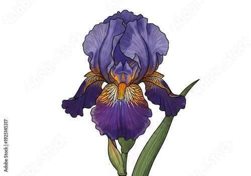A pixelated purple iris flower with green stem and yellow stamens. isolated on transparent background, png
