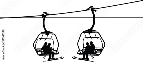 Ski lift chair silhouette with couples riding cable lift, winter mountain transportation vector illustration for ski resorts, alpine tourism, and outdoor adventure concepts