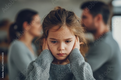 Child covering ears during parents' domestic conflict