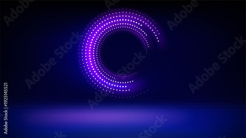Futuristic technology stage blue background. Round purple pink dotted led, neon glow. Abstract background for displaying products, presentation, advertising. Tech backdrop. Showcase. Vector