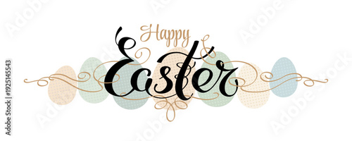 Happy easter hand written lettering, typography. Handwritten calligraphy happy easter greeting card. Black symbol on white background. Halftone Easter eggs, decorative ornamental elements. Vector