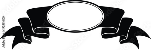 Black and white ribbon banner with a circular center