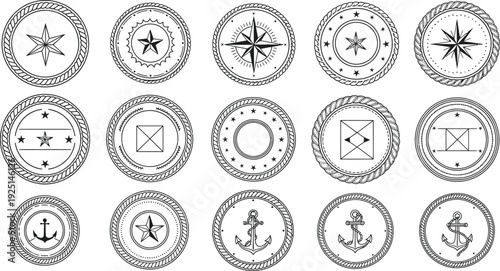 Collection of 15 vintage navigation compass rose symbols