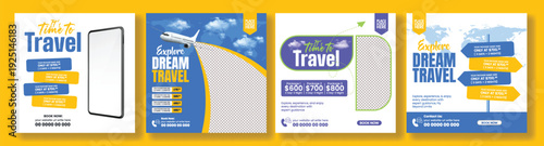 Set of Travel Agency Social Media Posts Pack for Summer Holidays, Tour Package, Hotel Resort Booking, Study Abroad, Promo Advertising, Tourism Promotion Square Flyer Poster Template Collection.