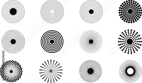 Abstract black and white circular and radial patterns, expanding, evoke modern precision and digital harmony, presented with even lighting on white.