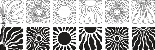 Abstract floral sunburst shapes set isolated on white background. Bold organic flower patterns shown in outline and solid styles for modern decoration. Flat vector graphic collection.