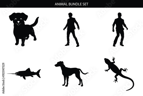 Animal silhouette icon set. Includes dog, shark, lizard, and human silhouettes. Created in black style with white background